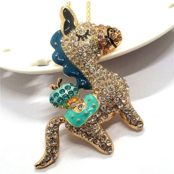 Crystal Blue Rhinestone Cute Enamel Horse Apple Pendant Necklace NWOT - Picture 1 of 3